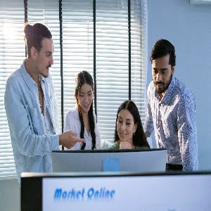 Group of multiethnic young business friends gathered in a modern