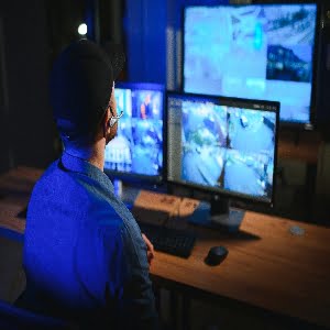 Security operator controls CCTV cameras in office at night. Modern security system and social safety concept