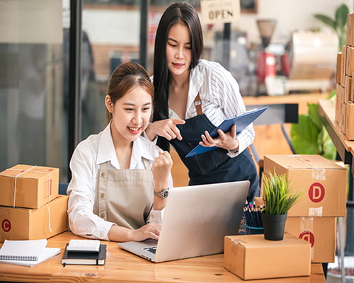 Small start-up business owners checking parcels at work, freelan