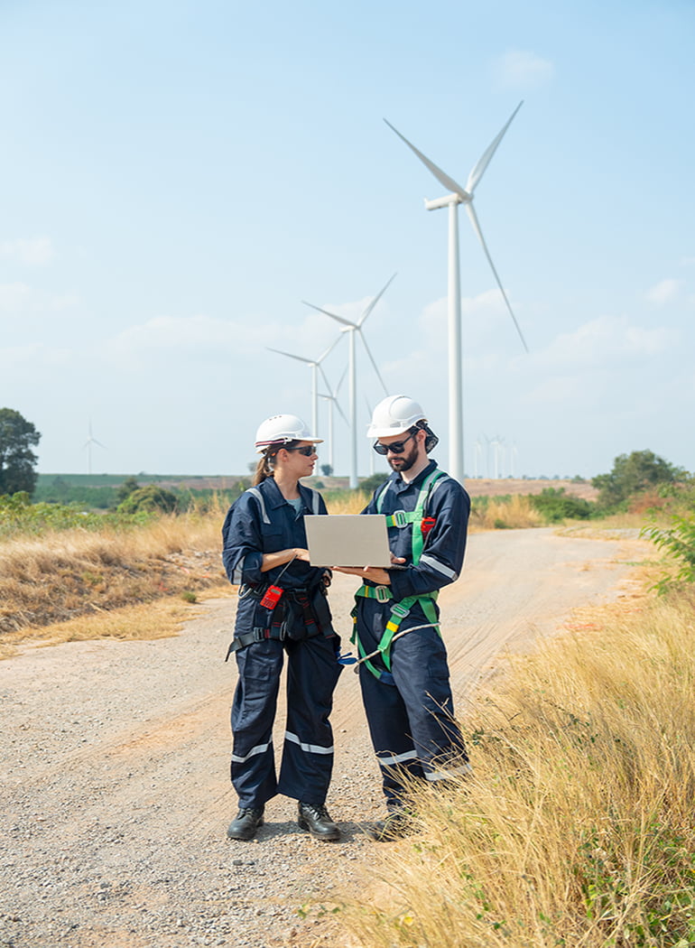 Two technician workers man and woman discuss about work using la